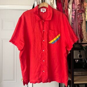 SOLID & STRIPED red linen mens stripe pocket detail short sleeve button up shirt